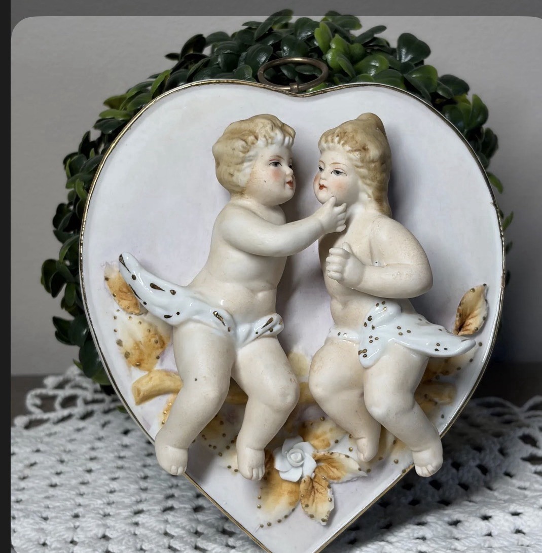Vintage 1950 French Baroque Cherubs Bisque Porcelain Hanging By Kalk Arnart