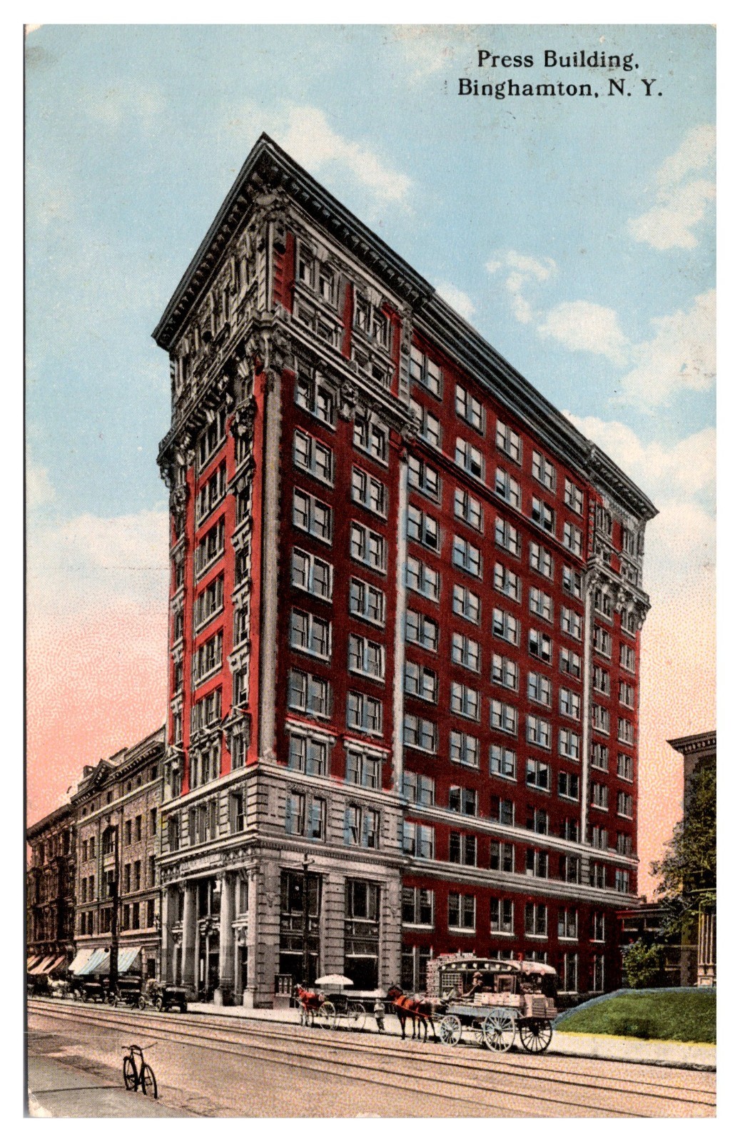 1914 Press Building, Street Scene, Wagons, Bike, Binghamton, NY Postcard
