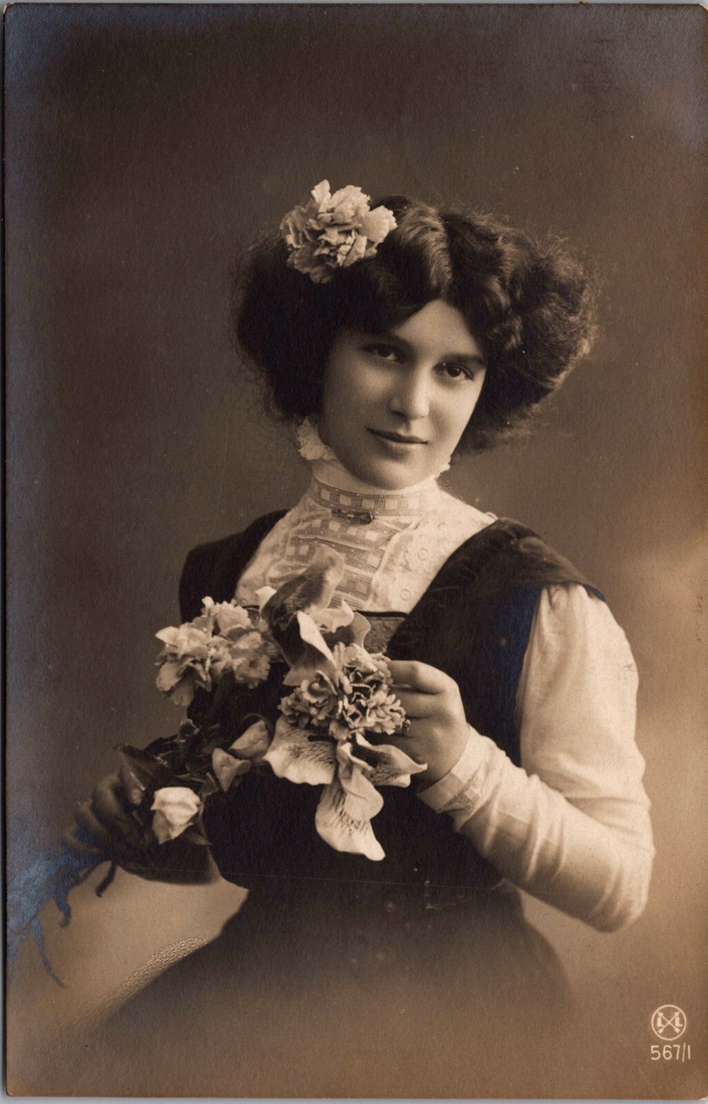 Postcard | Real Photo Lady Holding Flower Bouquet RPPC