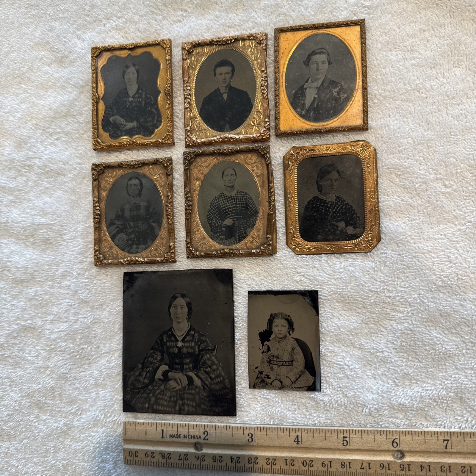 Antique Lot 8 Photo Portraits Brass Ornate Frame Tintype Daguerreotype Ambrotype