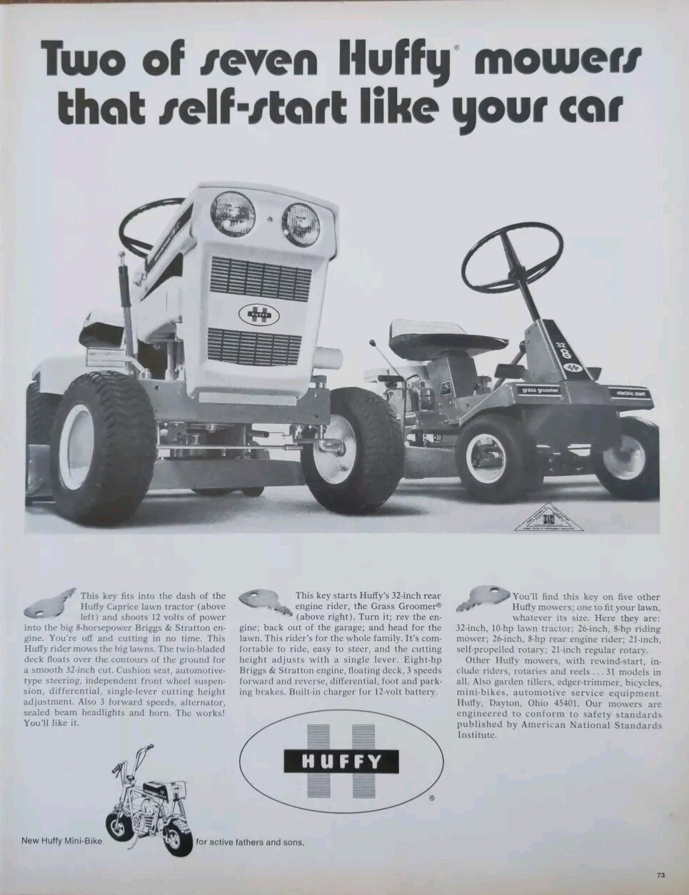 1971 Huffy Riding Lawnmower And Mini Bike Print Ad, Black & White Advertisement 