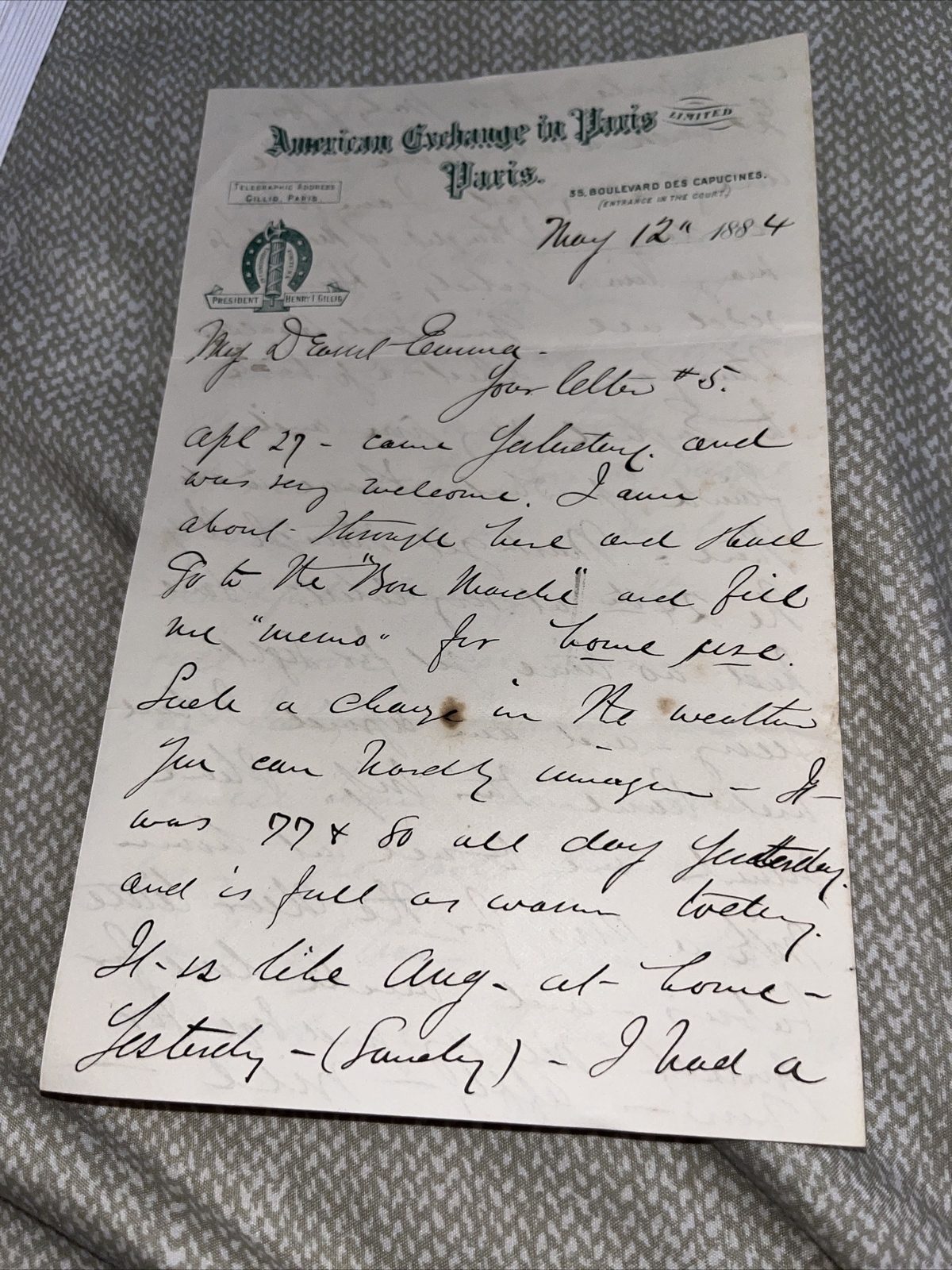 Antique 1884 Letter The American Exchange in Paris Letterhead France History