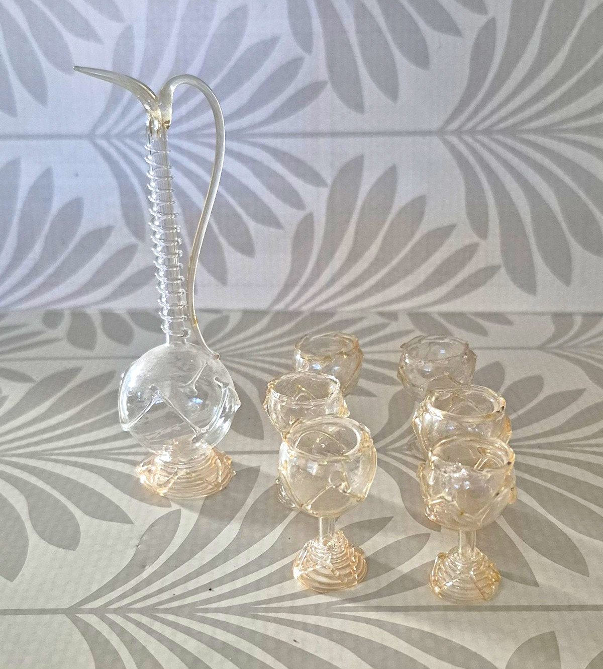 Antique 1930s Miniature Blown Glass Decanter & Glasses Set (7 Pcs)