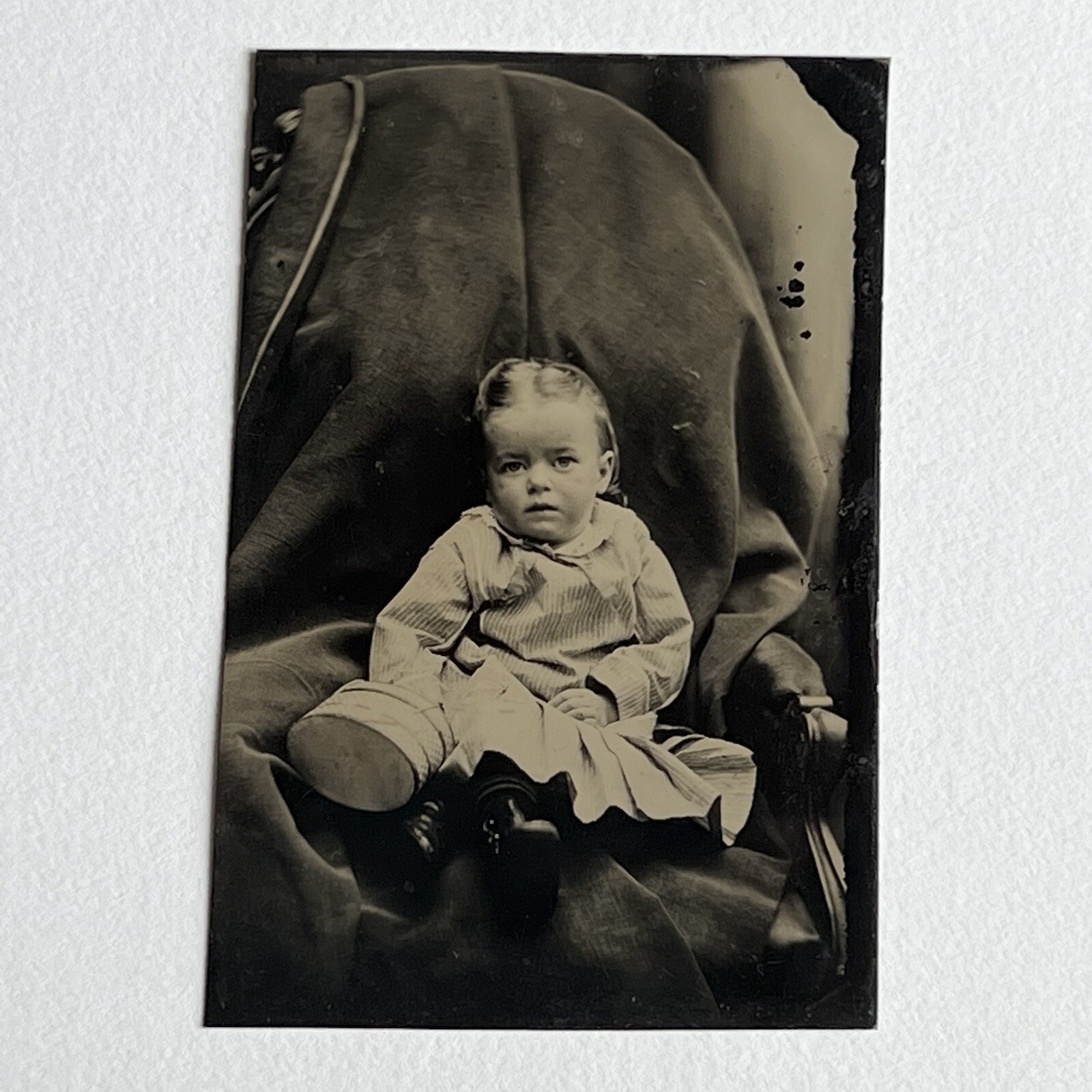Antique Tintype Photograph Adorable Baby With Basket Spooky Hidden Mother