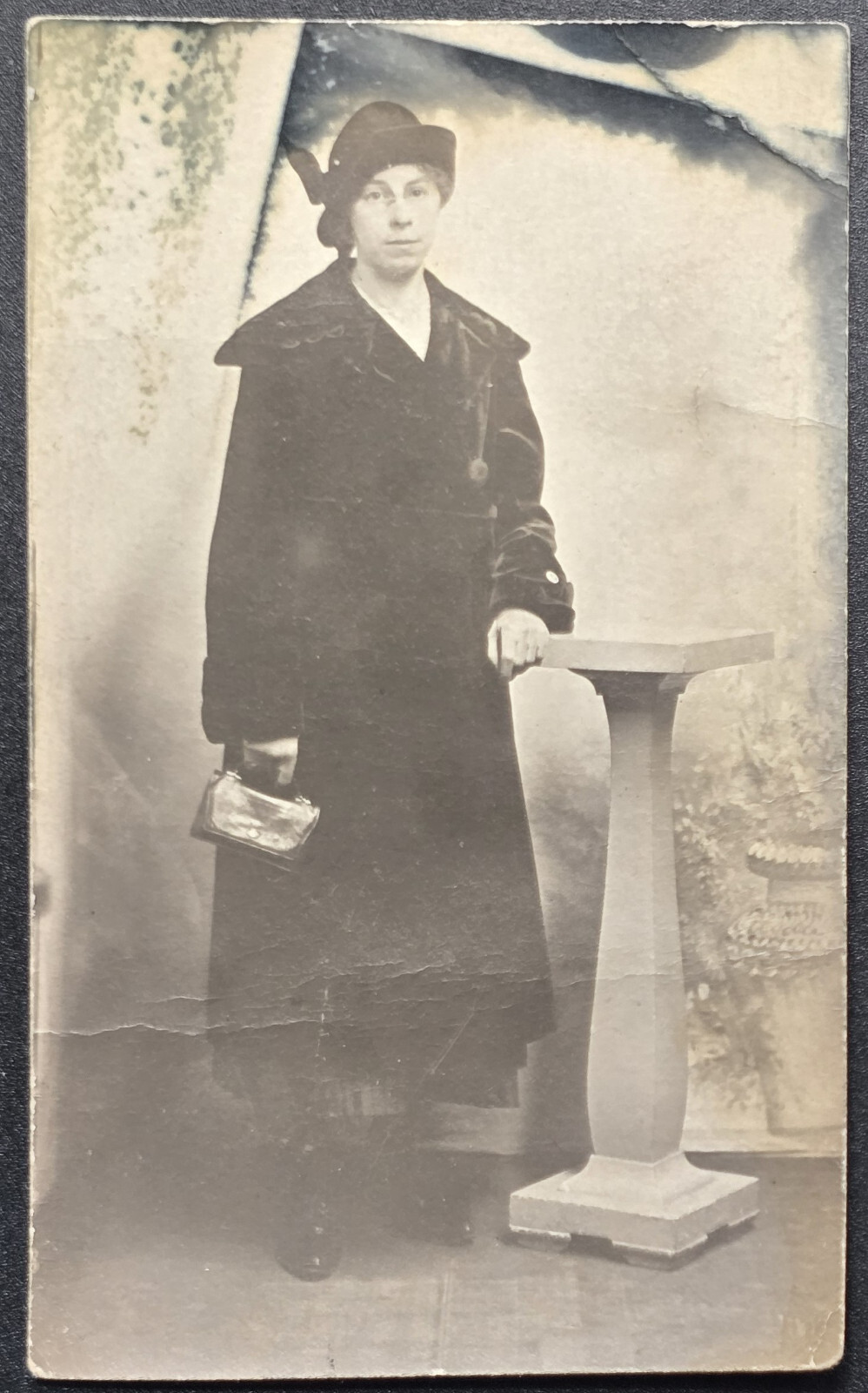 Antique RPPC Woman in Coat & Hat w/ Purse Real Photo Postcard Early 1900s