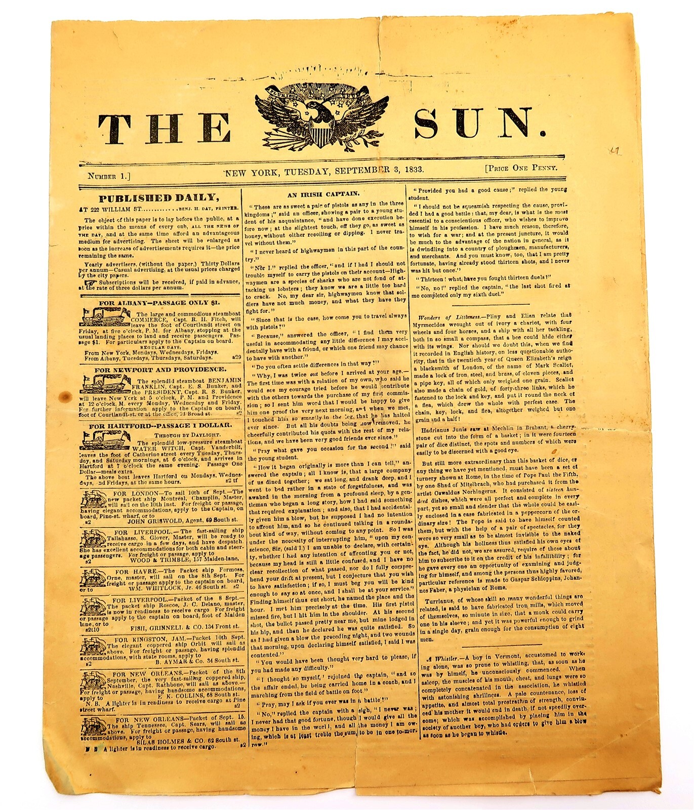 Rare 1833 THE SUN Newspaper from New York FIRST ISSUE NO 1 from September 3rd