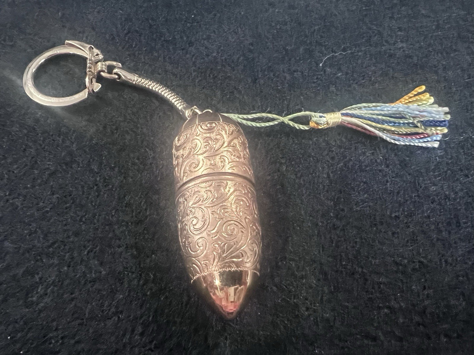 Vintage Austrian Gold Tone Bullet Sewing Kit Keychain Etui COMPLETE With Thimble