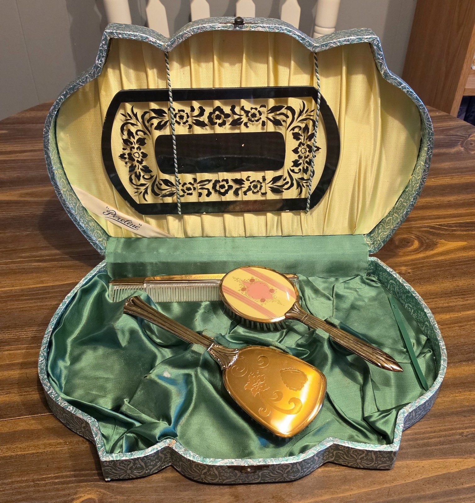 Antique 1920s Complete Pereline Vanity Dresser Set with Mirror Brushes and Combs