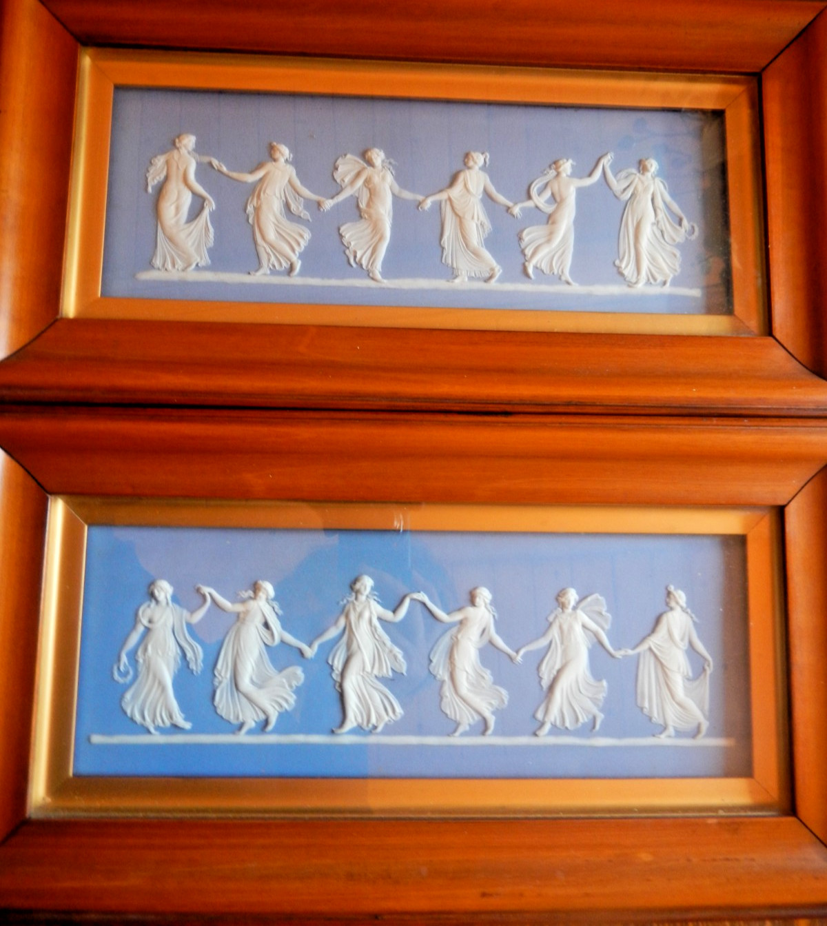 WEDGWOOD - Jasper Dancing Hours pair (2) Wall Plaques - Glass Covered  Frame