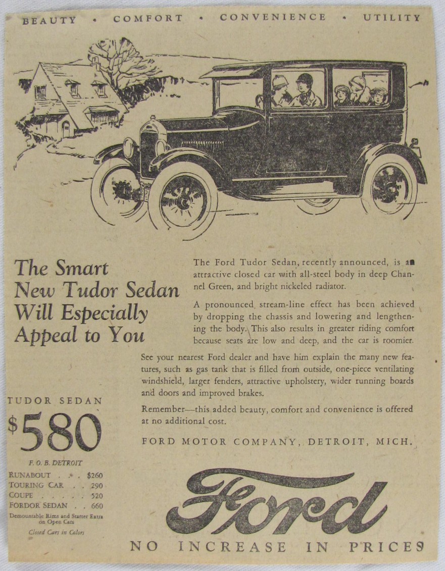 Vintage 1925 FORD Tudor Sedan Car Newspaper Print Ad