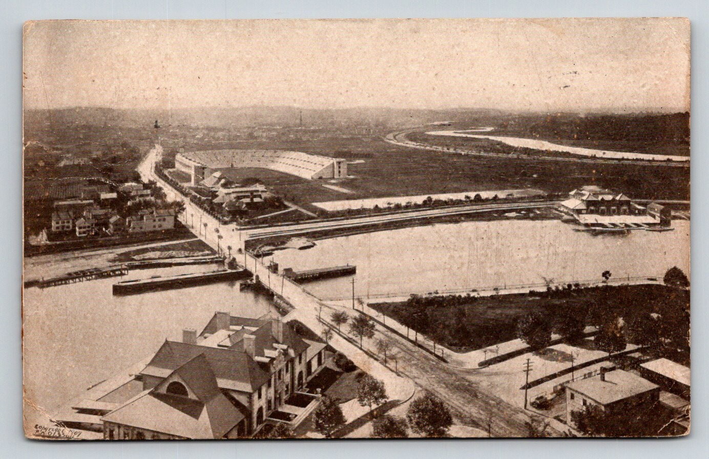1909 Aerial Cityscape Postcard - River, Bridge, Stadium - Real Photo RPPC