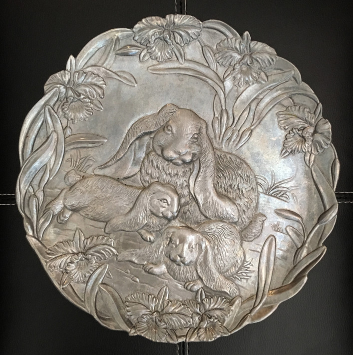 1994 Arthur Court Bunny Rabbit Serving Platter Aged Iridescent Bas-Relief Metal