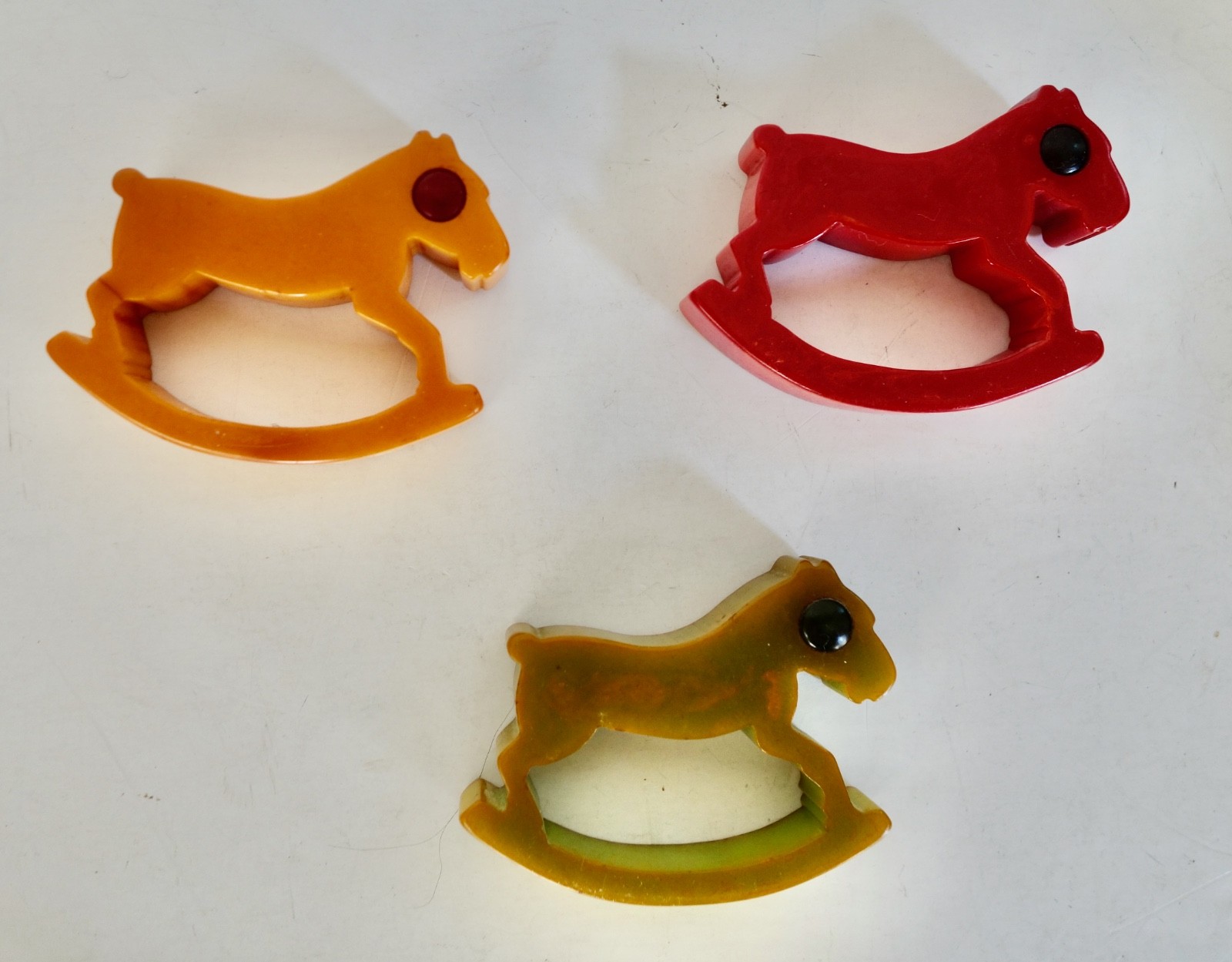 Set of 3 Vintage 1940's Bakelite Hobby Horse Napkin Rings w/ Glass Eyes