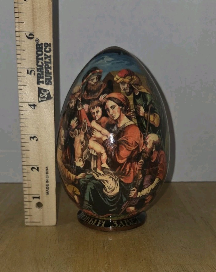 Nativity Hand Painted Wooden Nesting Egg 5 Pc Cyrillic Russian Scripts Ryazan