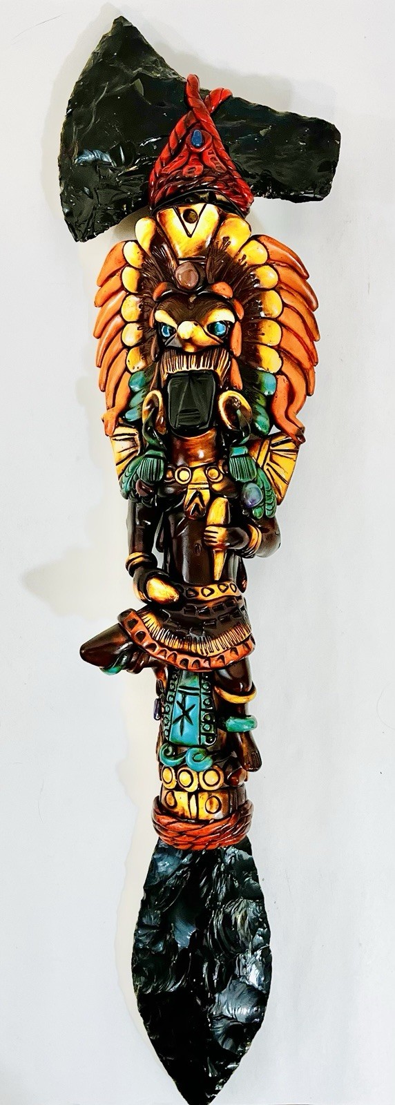 RARE VTG Aztec Mayan Axe Spearhead Folk Art Sacrificial Obsidian Rainstick 24.5”