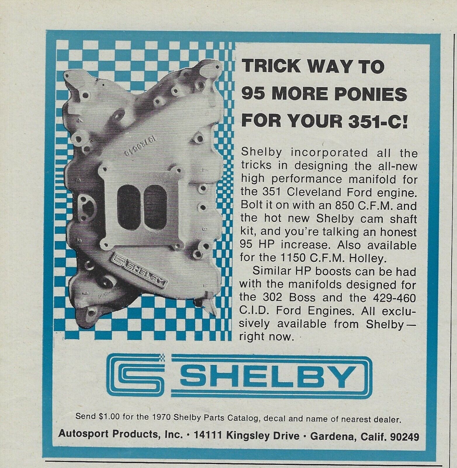 1970 Ford Shelby Cobra Parts Ad Intake Manifold Vintage Magazine Advertisement