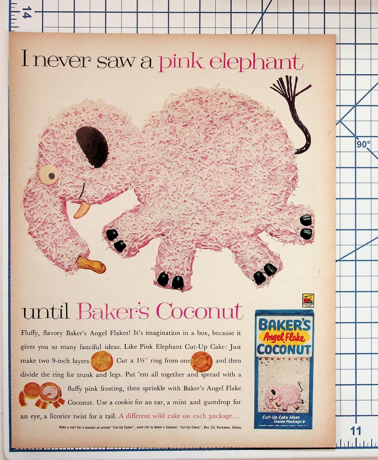 Vintage 1950s Baker's Coconut Pink Elephant Cake Recipe Ad Ephemera