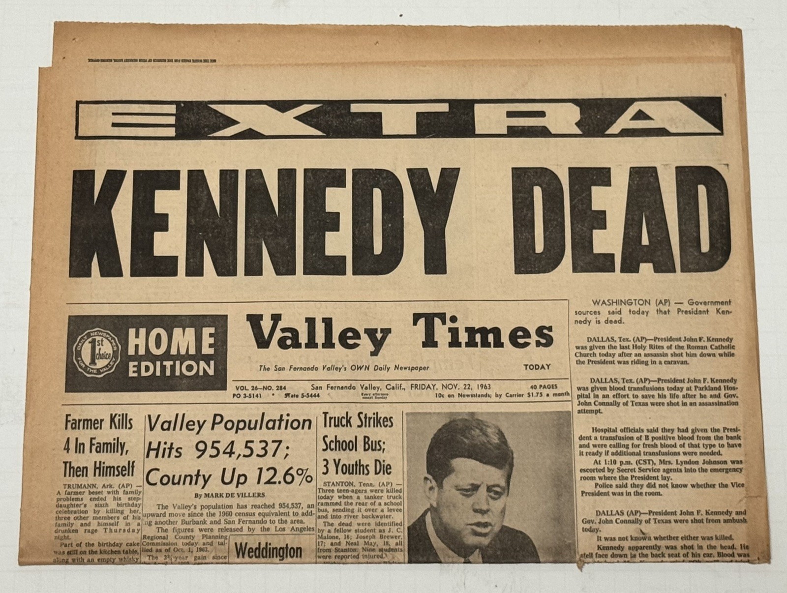 1963 JFK Kennedy Dead EXTRA Valley Times Nov 22 Assassination Newspaper 8 Pages