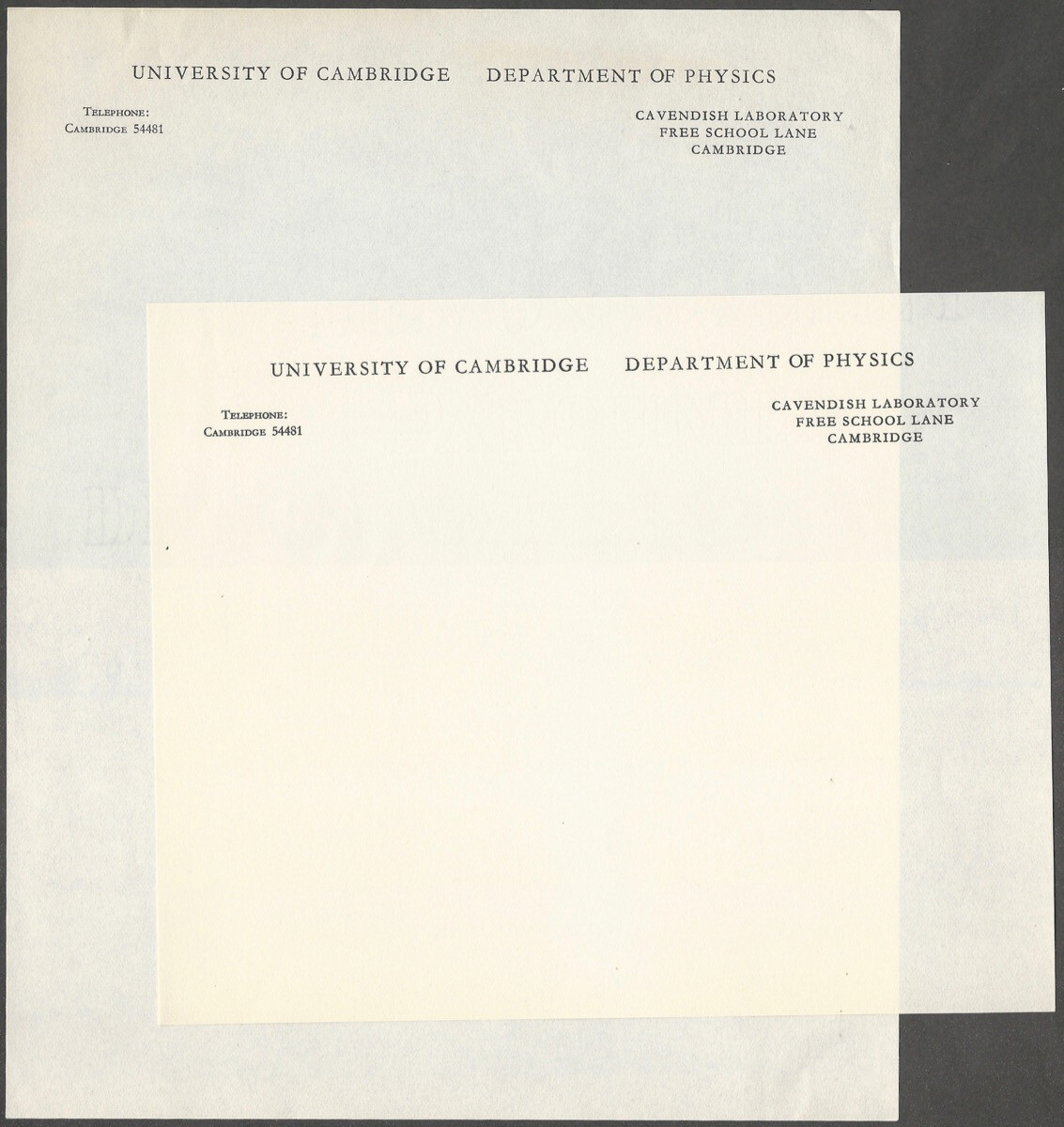 University of Cambridge Department of Physics Original 1950s Printed Stationery