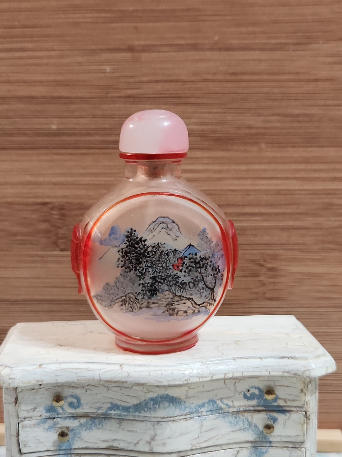 Vtg Chinese Reverse Painted Snuff Bottle Red Mask Sides Intact Cork Double Sided
