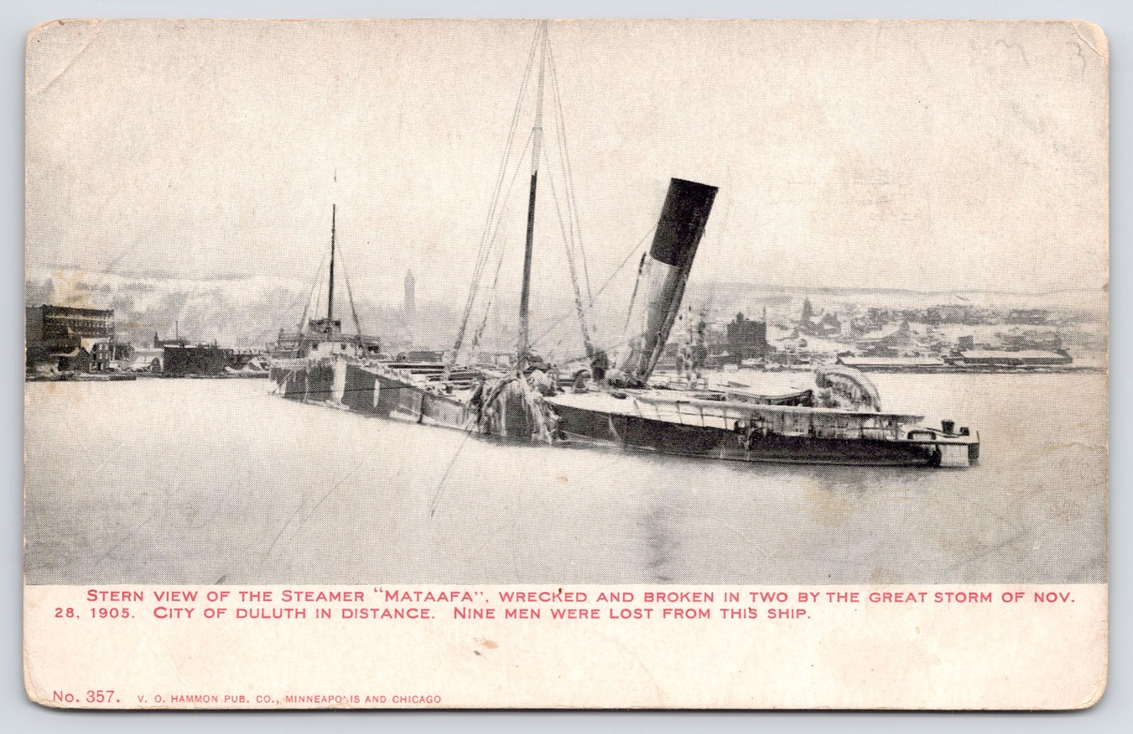 Stern View of Steamer Mataafa Wrecked and Broken in Storm 11/28/1905 Duluth MN