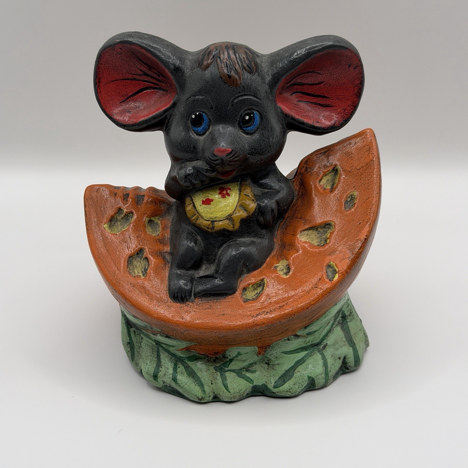 Vintage Mouse Sitting on Slice of Watermelon Ceramic Statue Signed CLW 1976