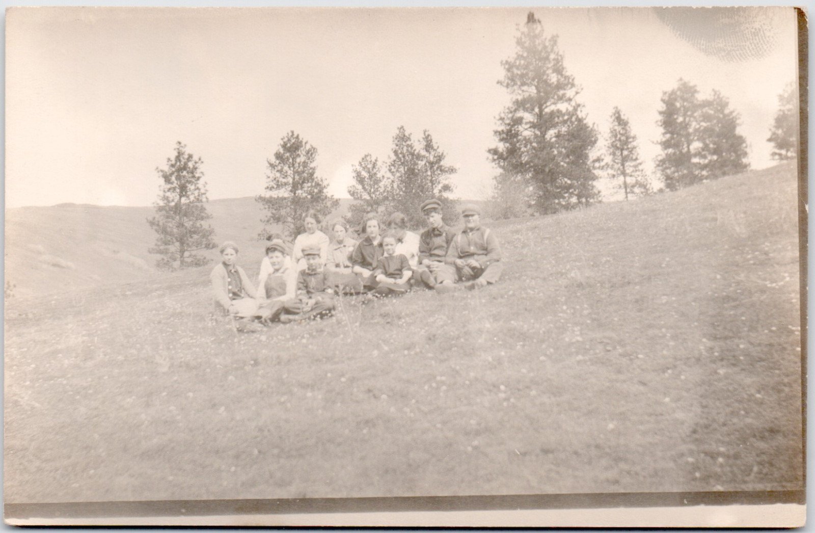 c1909 Boys & Girls Group Outdoor RPPC Postcard Hilltop Gathering Fun Vintage