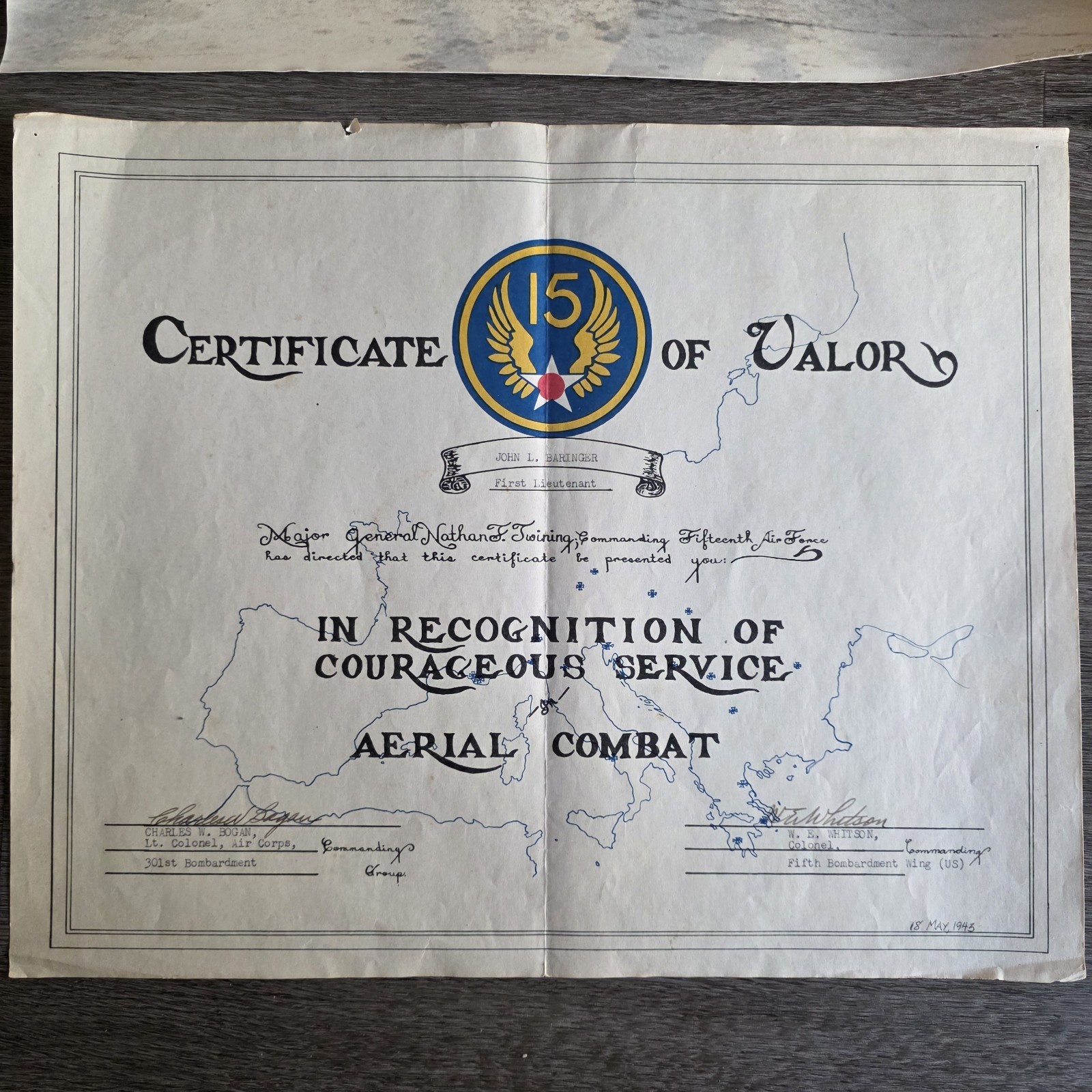 WW2 1943 1944 Certificate Of Valor Plus Extract & Photos John L. Baringer