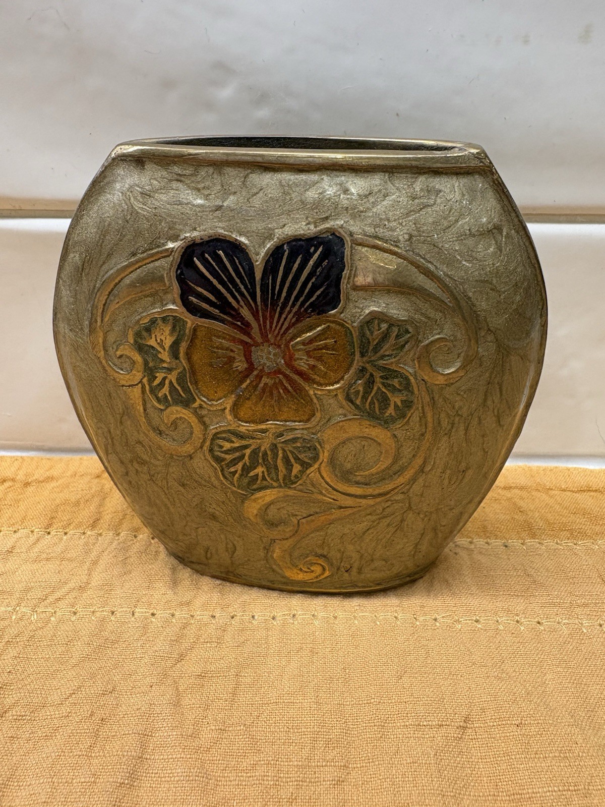 Vtg A. Dellaux Signed Brass & Enamel Flat Oval Vase - Pansy / Viola Flower