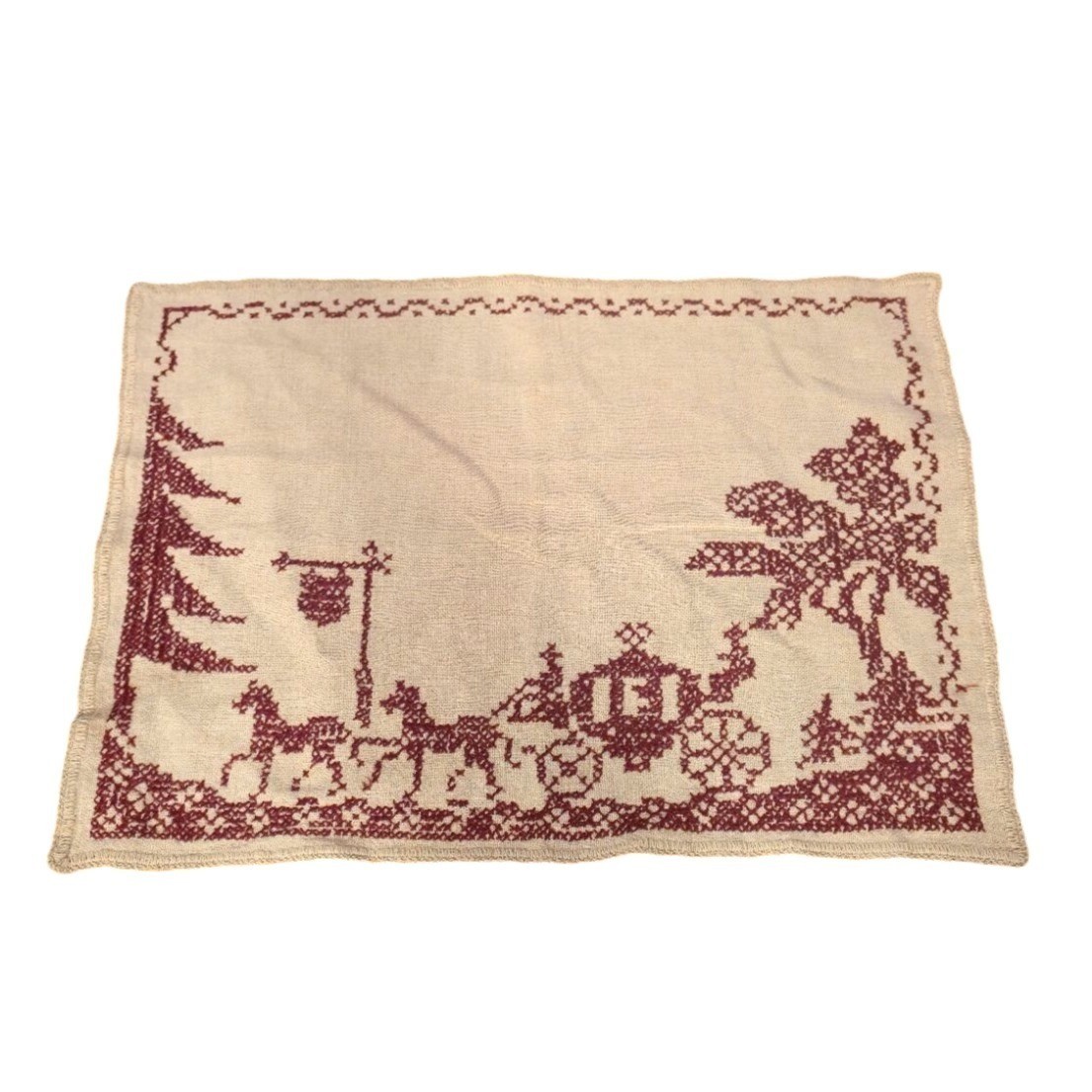 Vintage embroidered  Placemat Carriage & Horses fairy tale burgundy Cream Linen