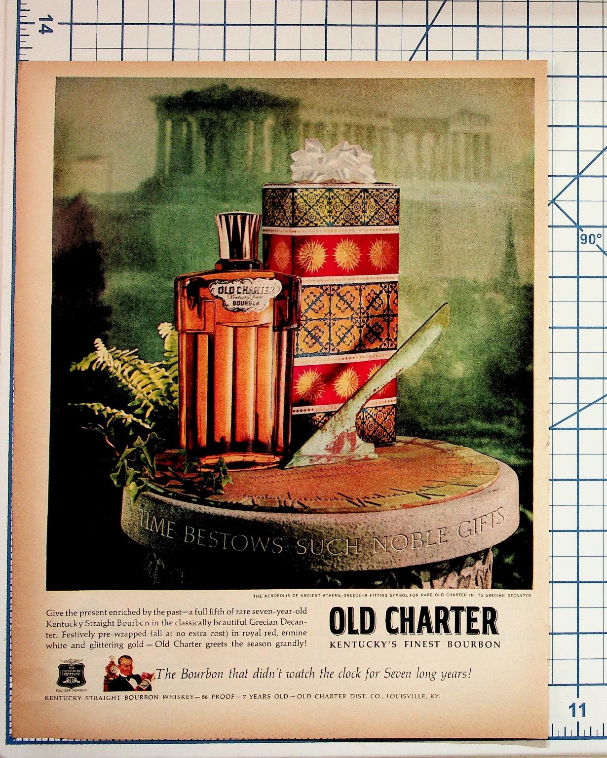 Old Charter Bourbon Whiskey 1950s Vintage Print Ad Grecian Decanter Sundial