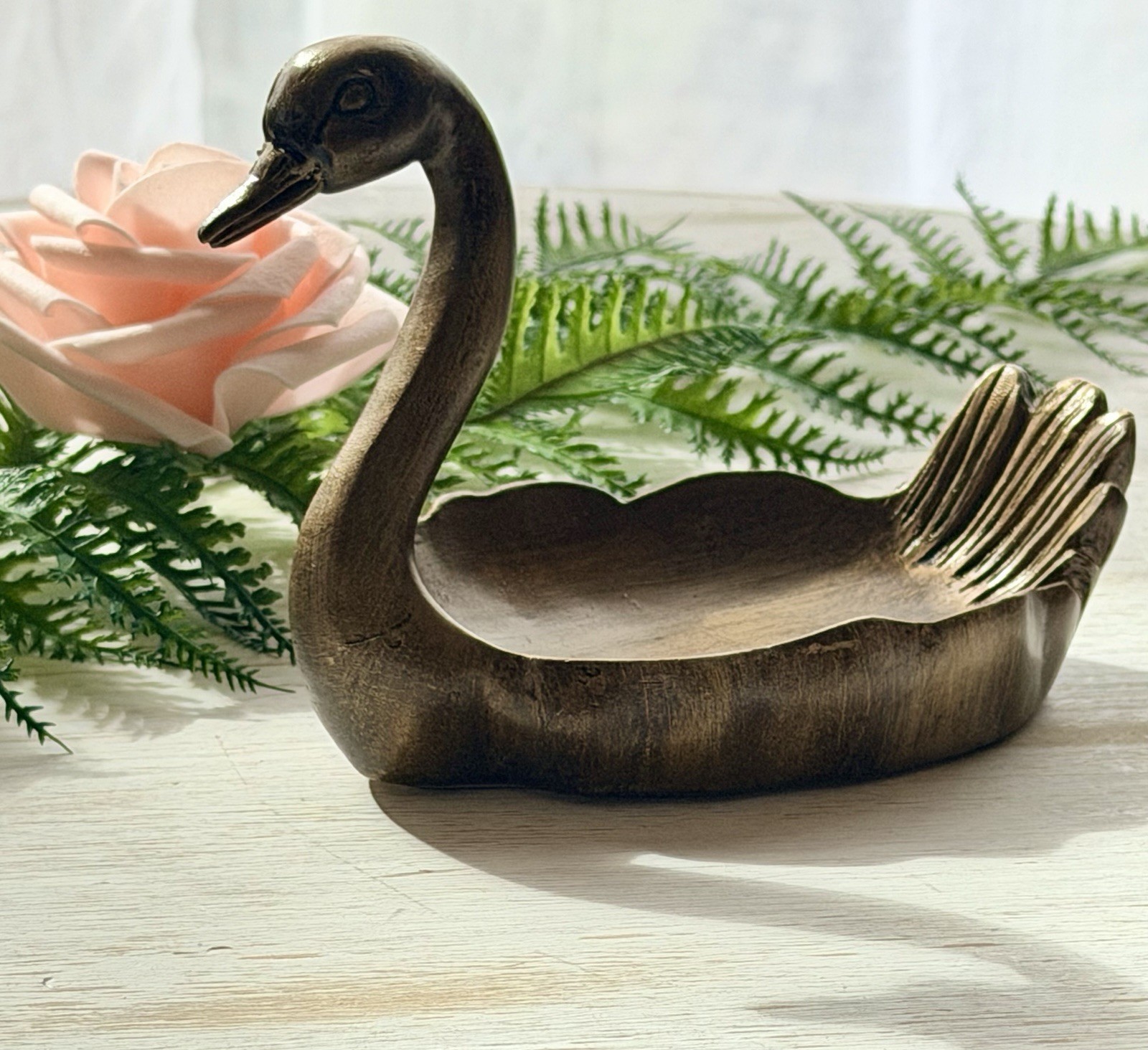 Vintage Style Wooden Gold Swan Figurine Swan Trinket Dish Gold Swan Catchall