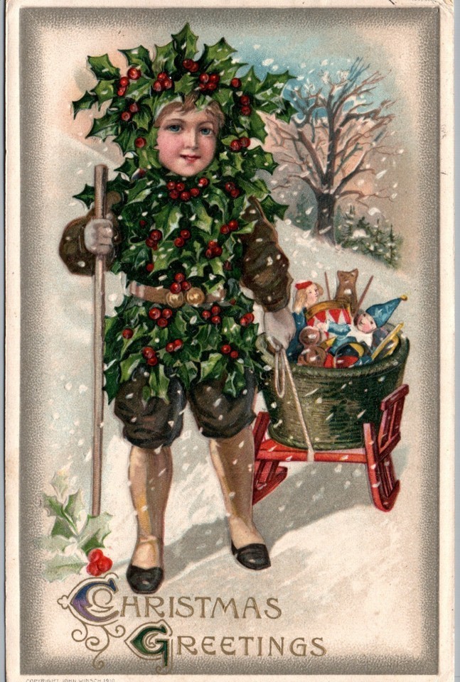 RARE~Winsch Christmas Boy in Holly Suit ~Sled~Toys~Antique Fantasy Postcard~m611