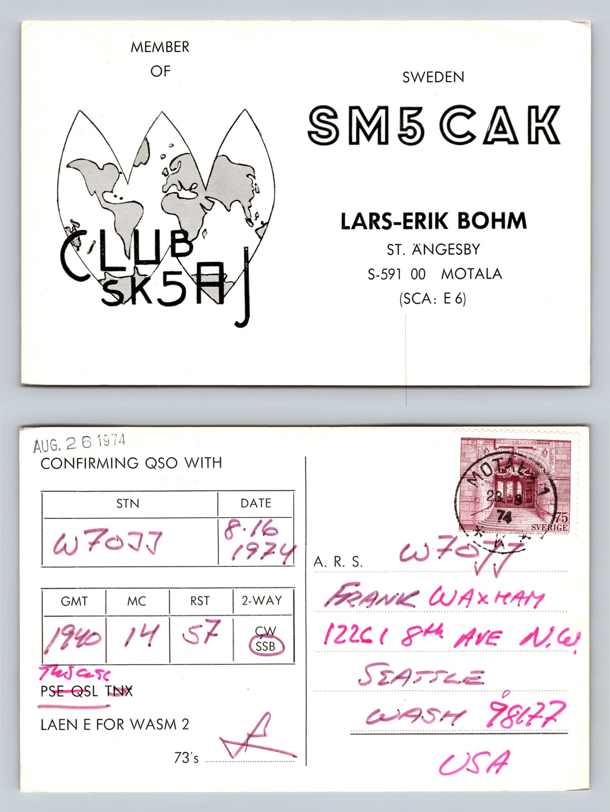 Ham Radio QSL QSO Postcard SM5CAK, Motala, Östergötland, Sweden