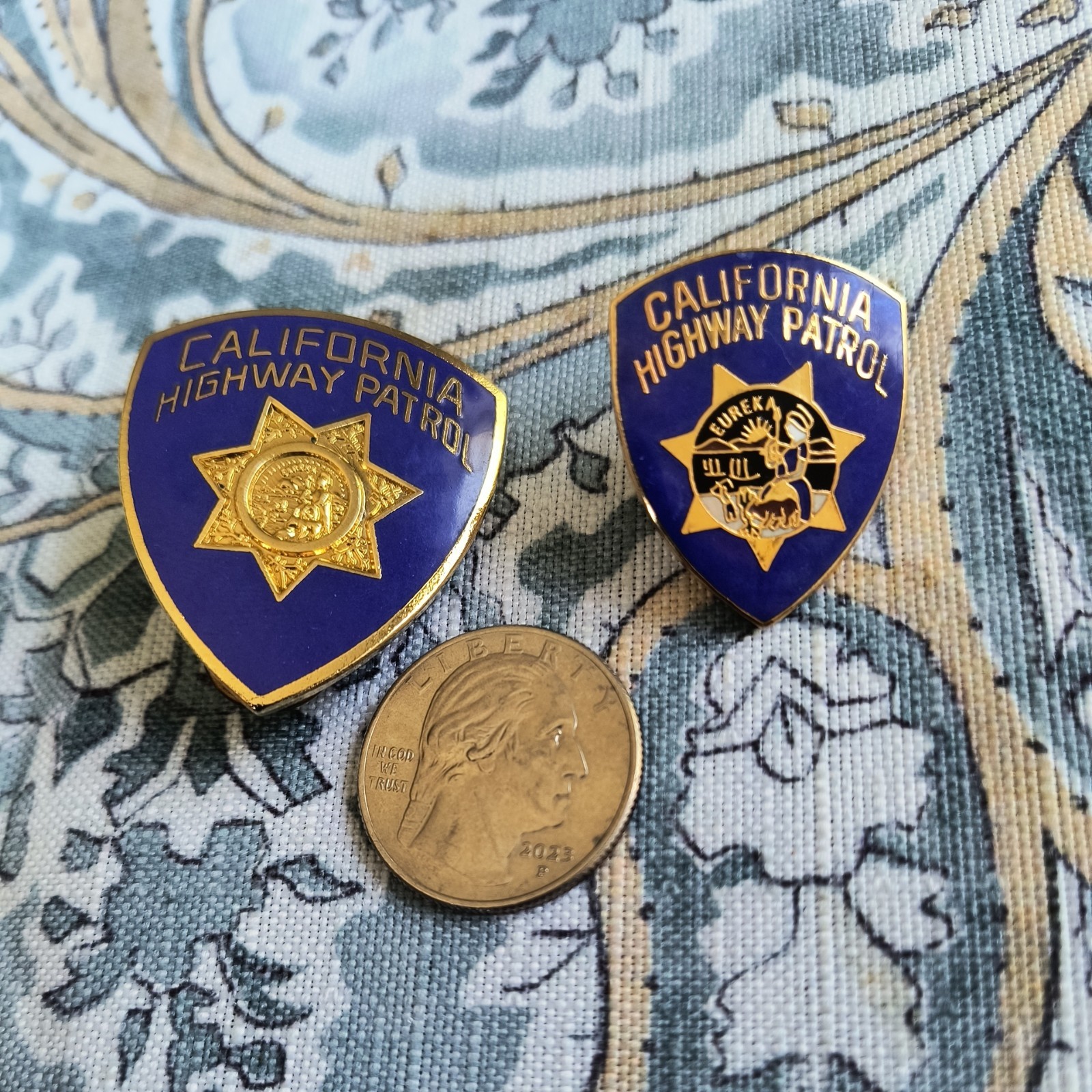 Vintage set of 2 California Highway Patrol Pin Goldtone Metal and Blue Enamel