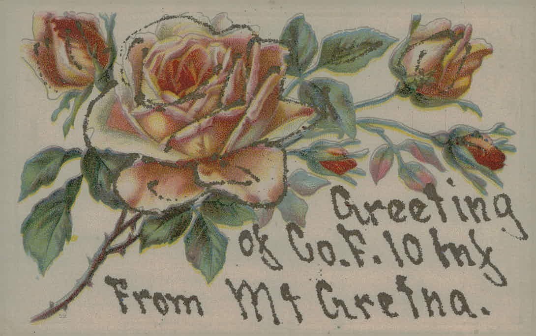 1907 Mt Gretna PA Military Greeting Co F 10th Inf Reg Roses Antique Postcard