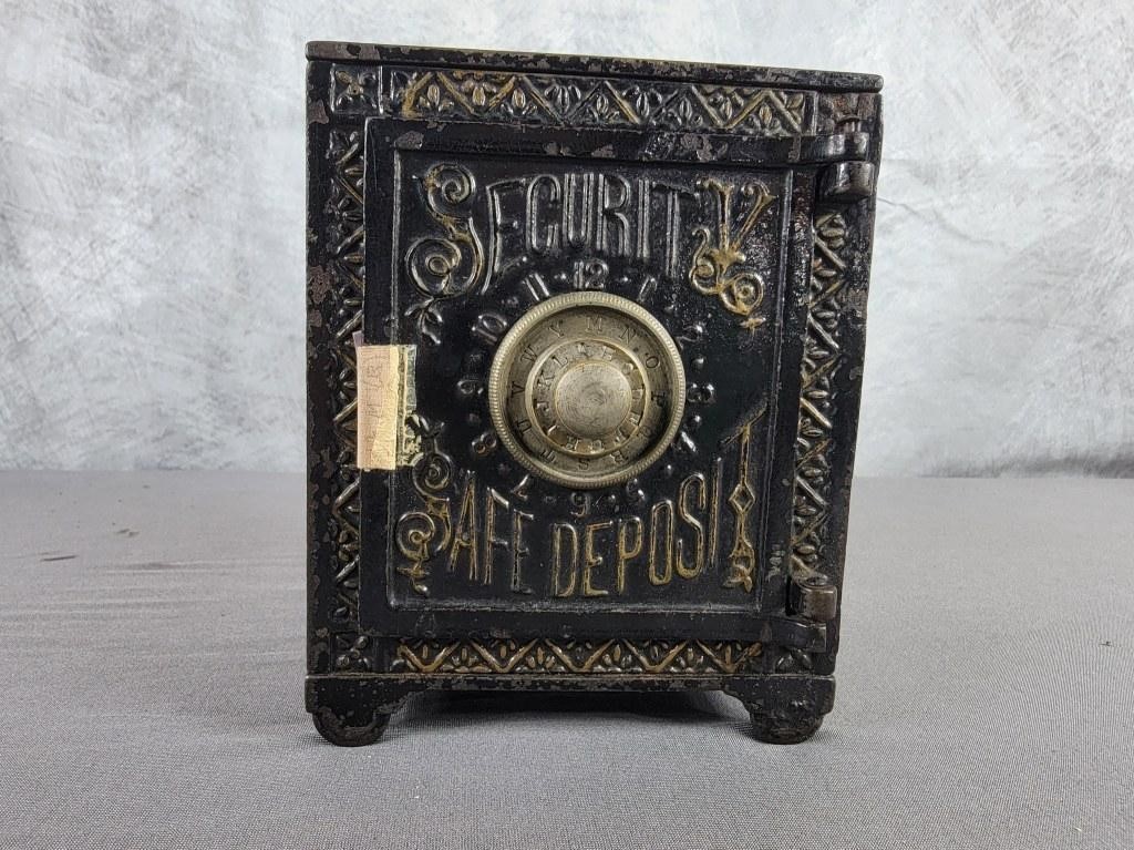 1887 ,  ornate Cast Iron Security Safe Deposit lockable Still Bank.