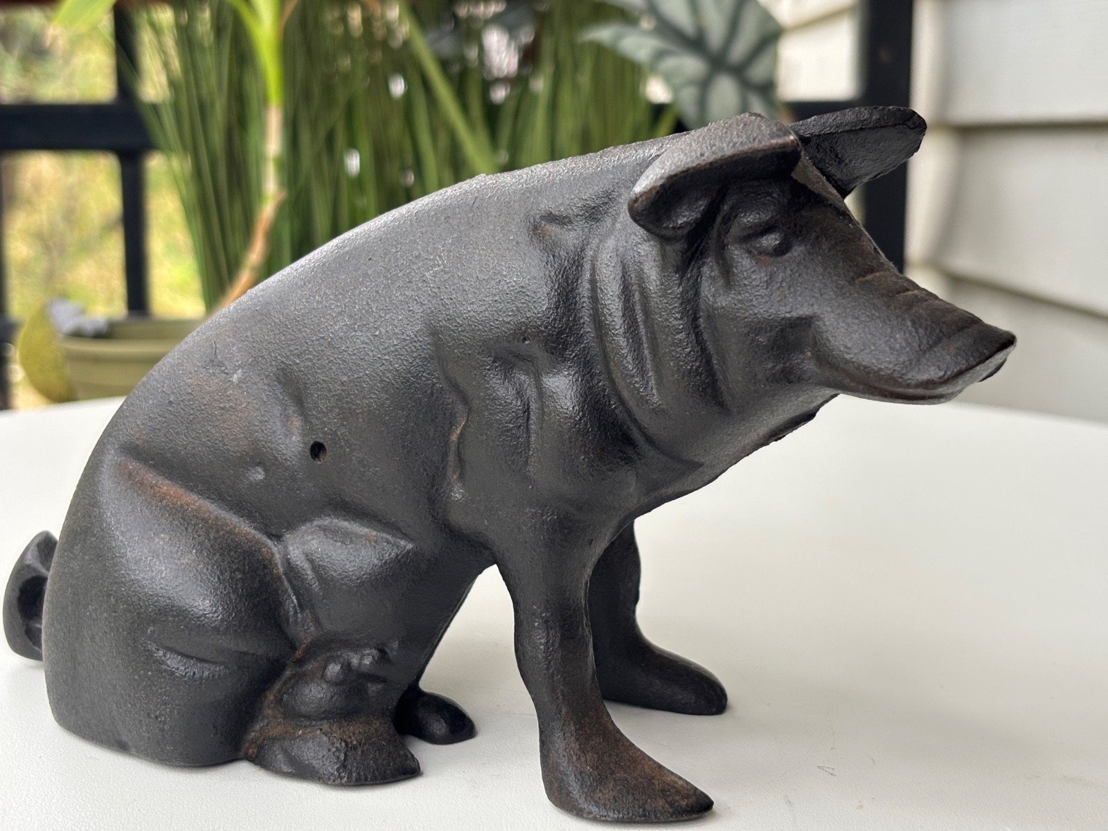 Vintage Metal Cast Iron Hog Bank Coin Bank 9” Doorstop Black Pig Hog