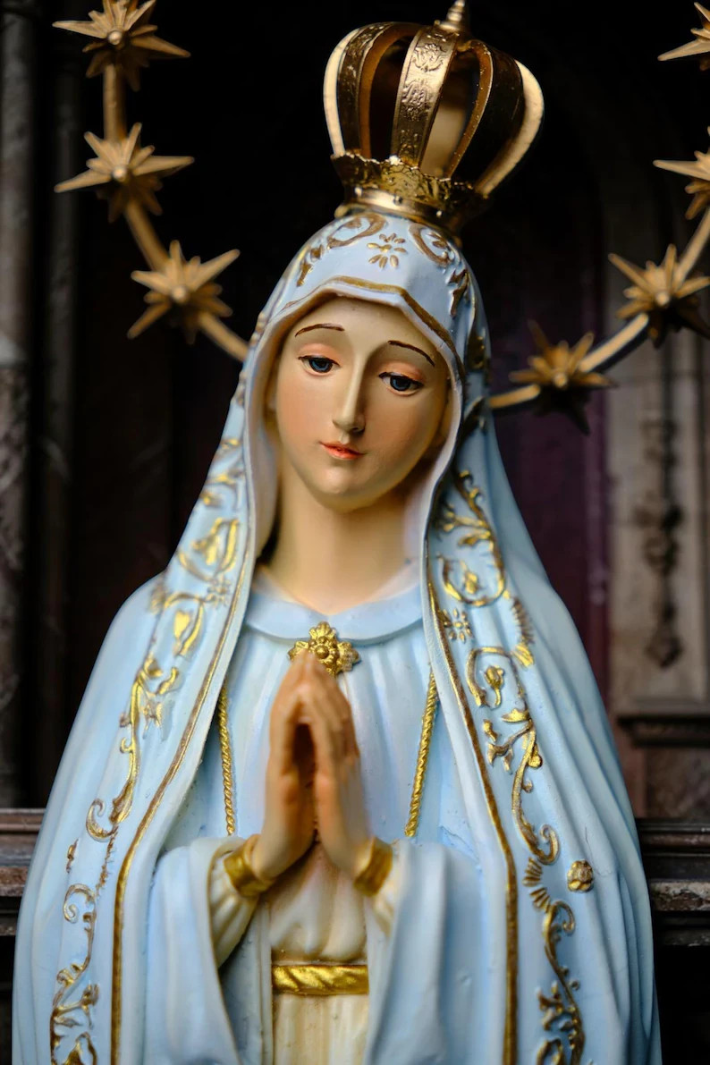 Hand-Painted Our Lady of Fatima Statue Crowned Virgin Mary Catholic Decor