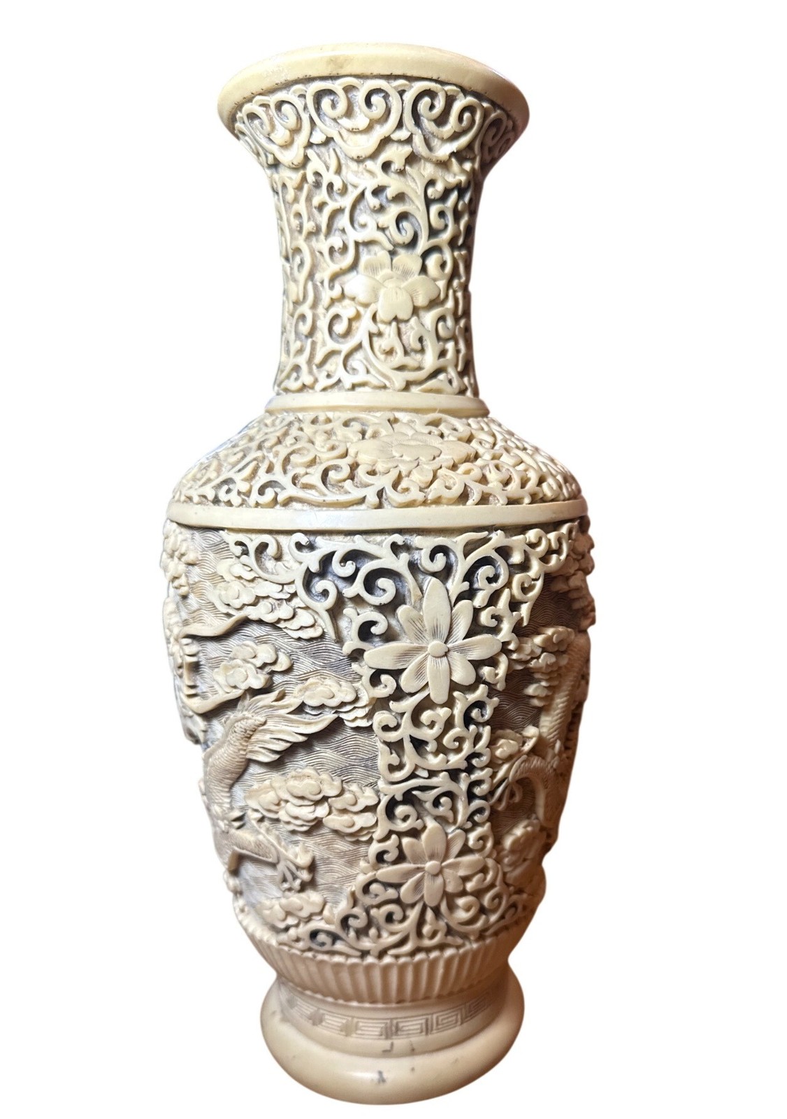 Vintage Chinese Cinnabar Style Vase Imperial Dragon Heavy Resin Brass Core 5 Lb