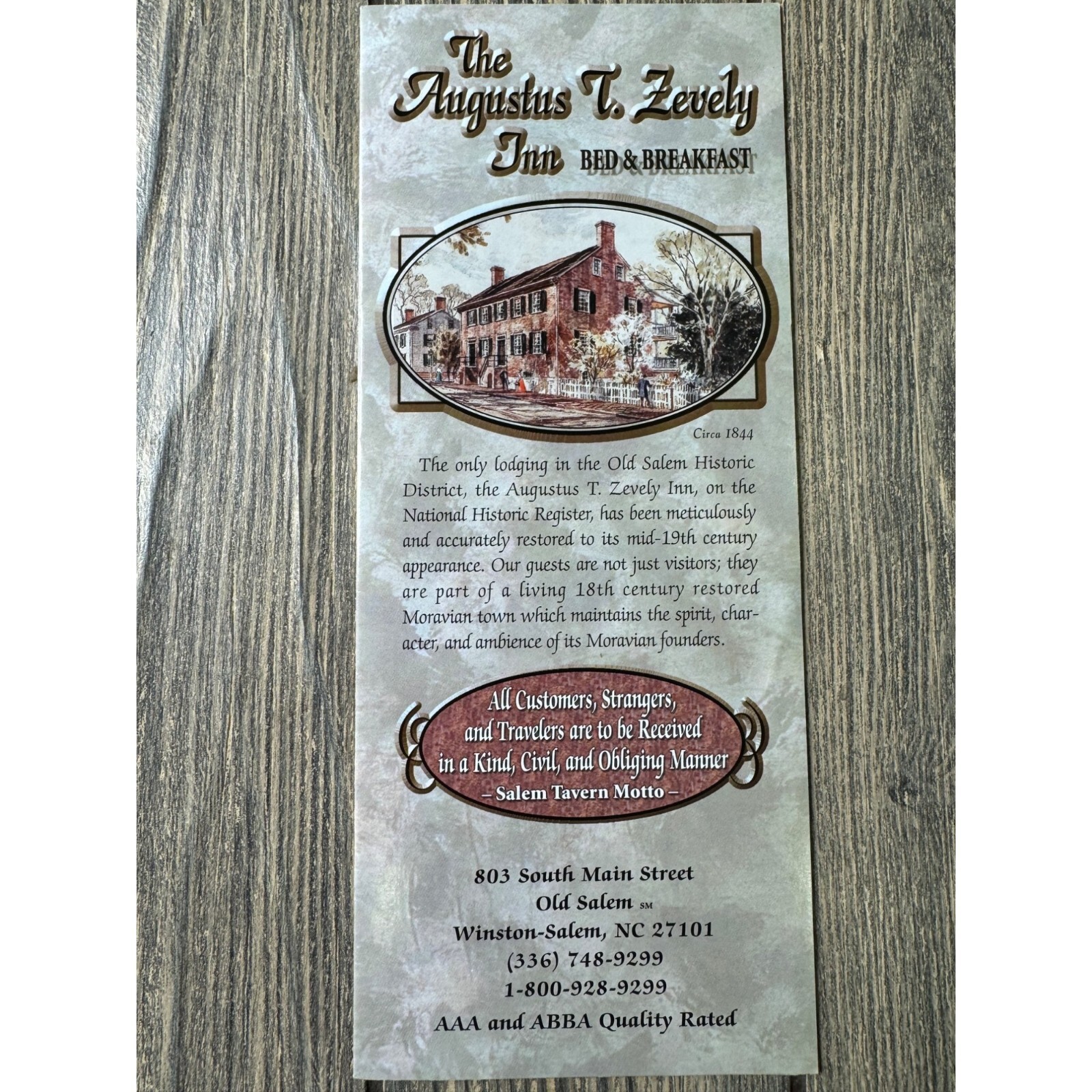 Vintage The Augustus T. Zevely Inn Bed & Breakfast Brochure