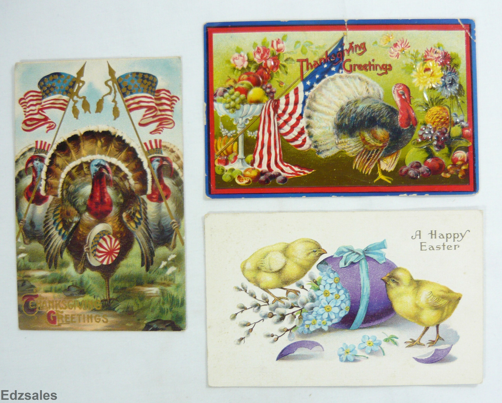 3 Antique Embossed Postcards early 1910's - Thanksgiving Patriotic Turkey Easter