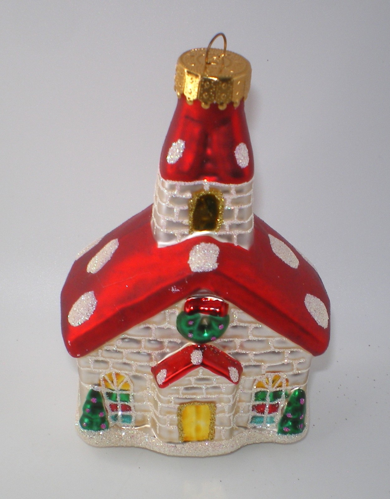 Vintage UNIQUE TREASURES Red Roof Chapel * Church Glass Christmas Ornament 4.5\