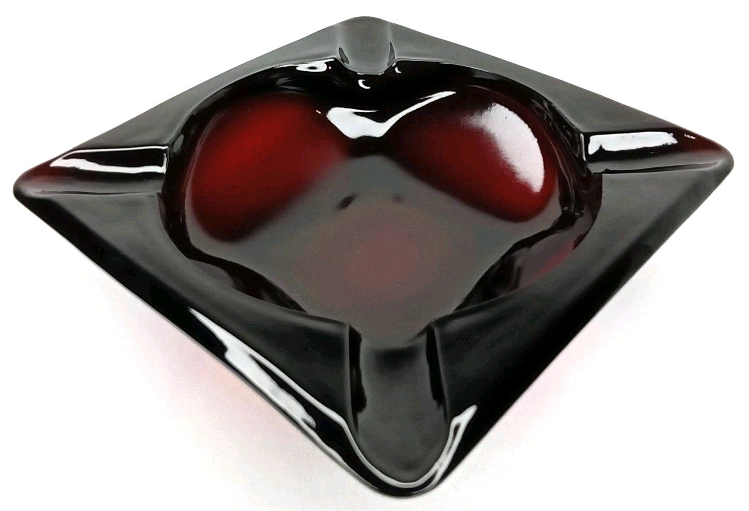 Antique 1940s Anchor Hocking Glass Ruby Red Large Square Ashtray Made In USA