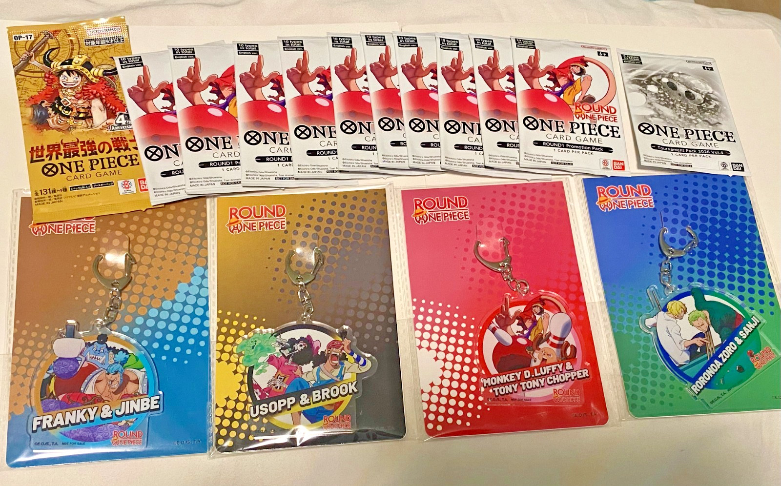 Round 1 x One Piece Promo Cards - Full Set of 10 English & 4 Keychains & MORE