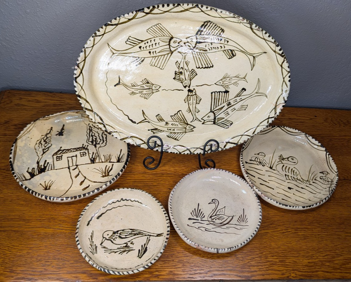 Vintage Tzintzuntzan Fish Platter & Bird Plates Handmade Mexican Clay Pottery