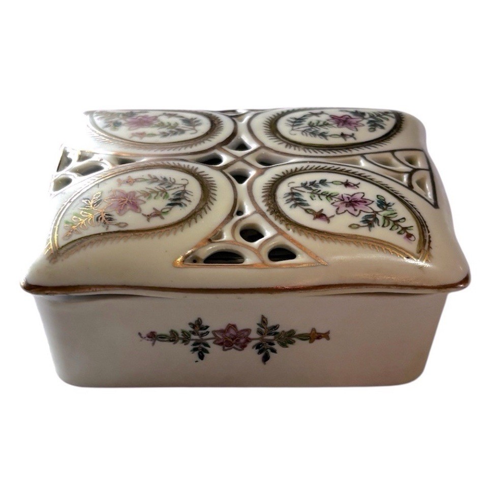 Vintage Porcelain Floral Trinket Box Keepsake Box Jewelry Box Square Gold Pink