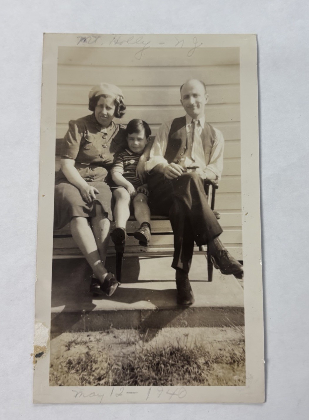 Vtg B&W Snapshot Family Portrait Sitting on Bench Mother Father Son Photo