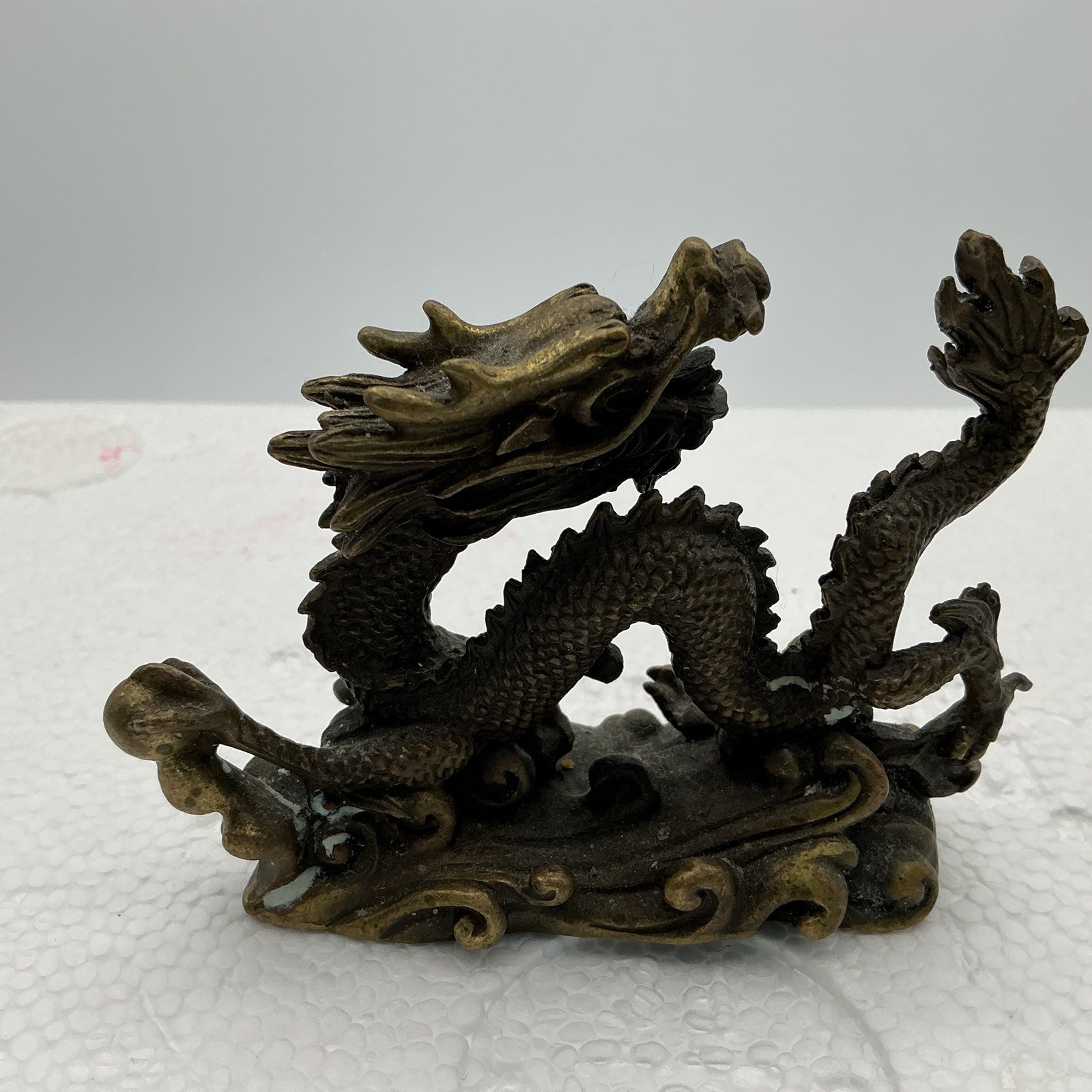 Vintage Chinese Bronze Dragon Sculpture On Waves 3” Detailed Asian Figurine
