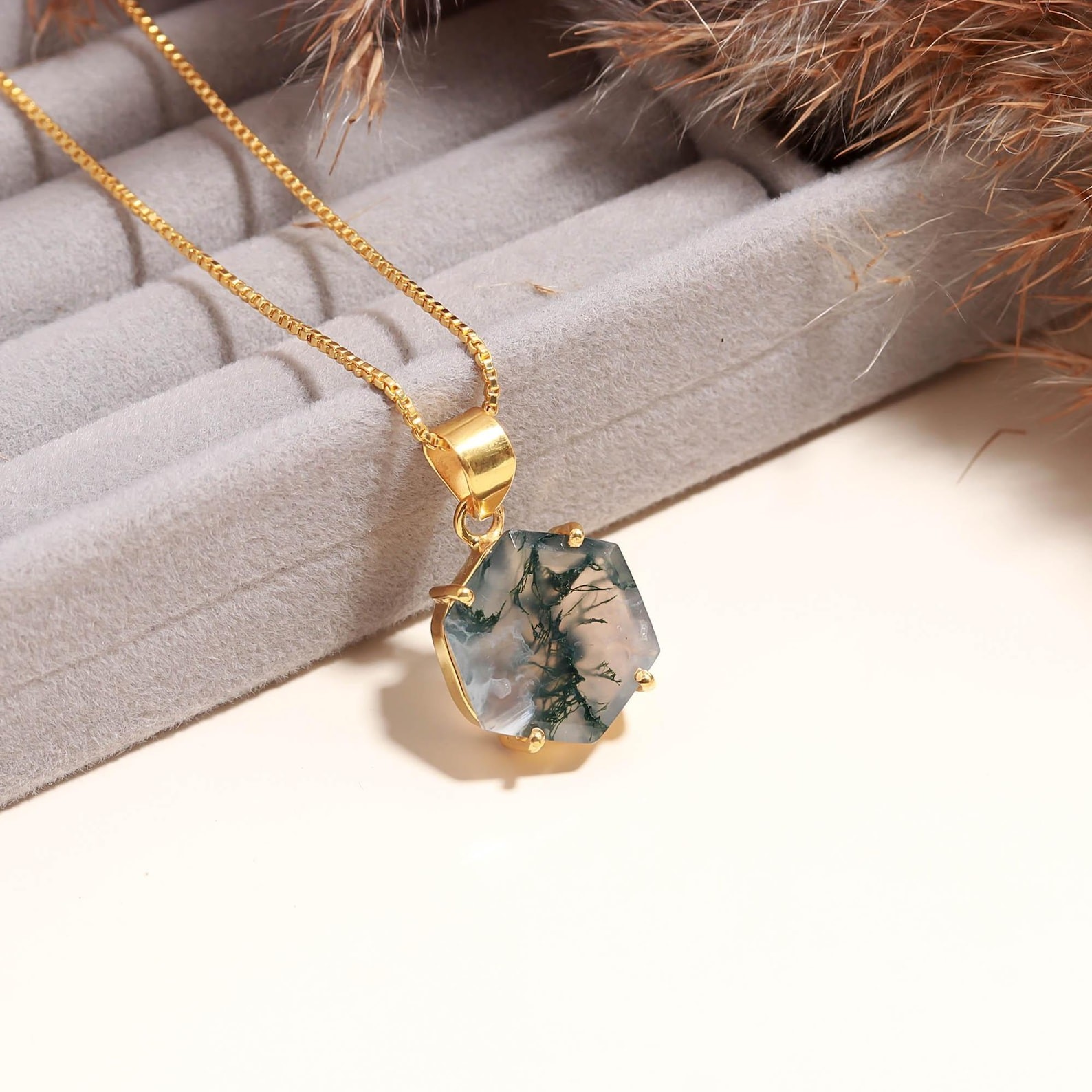 Moss Agate Hexagon Pendant, 14k Gold Handmade Jewelry